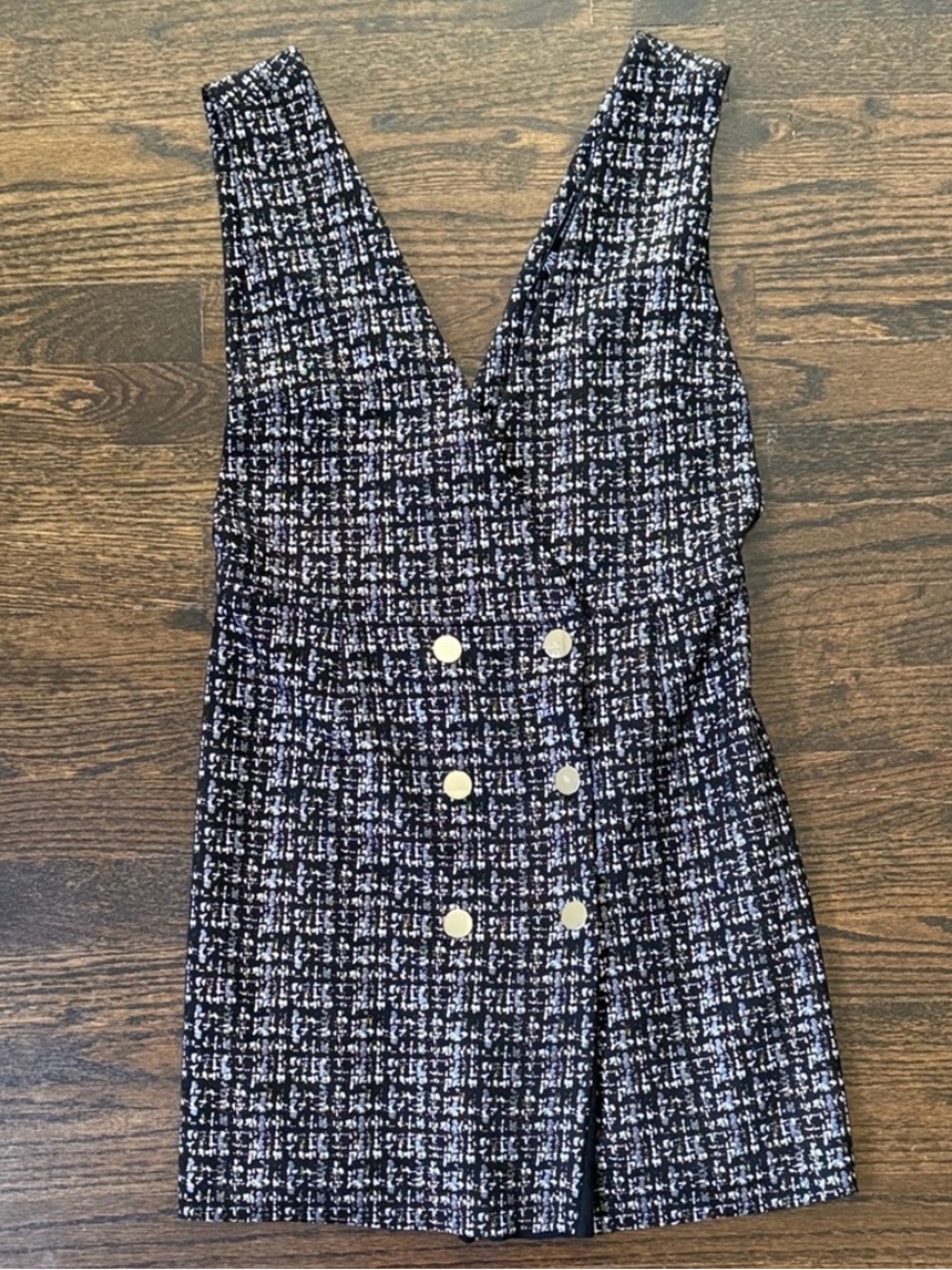 Zara Black and White Tweed Printed Mini Dress with Gold buttons